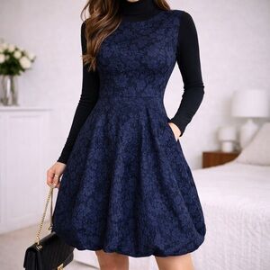 Navy Floral Sleeveless Midi Dress with Fit-and-Flare Skirt